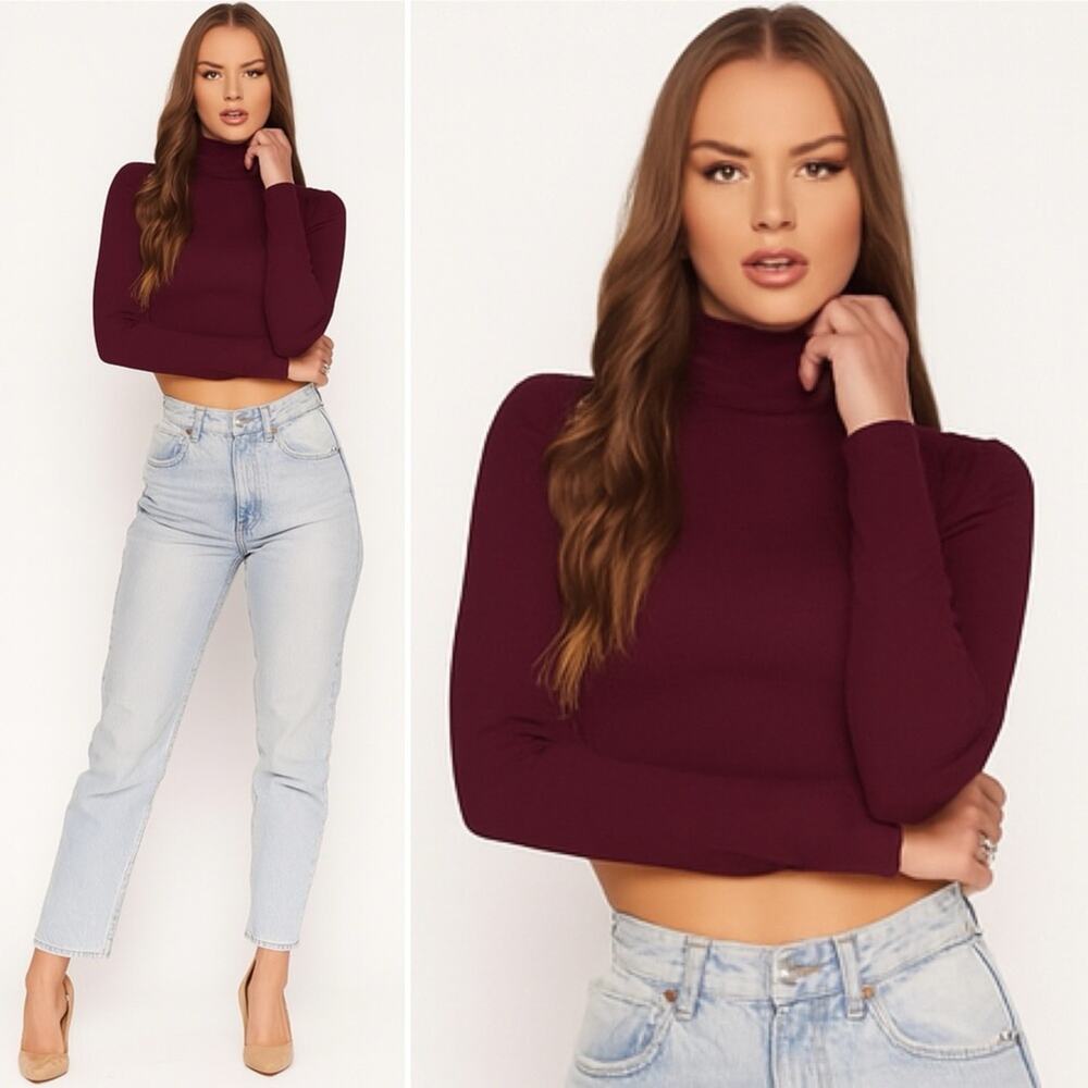 SUSANA MONACO Mock Neck Long Sleeve Crop Top Port Wine Stretch Size Large NEW